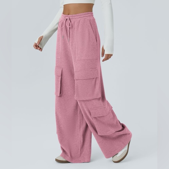 HALARA Pants - Halara Mid Rise Drawstring Pockets Wide Leg Cargo Casual Pants Wild Rose -L